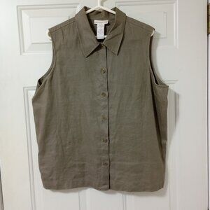 Jones New York Sport Linen Collared Tank Vest Sz-L Green Side Vents Button-up